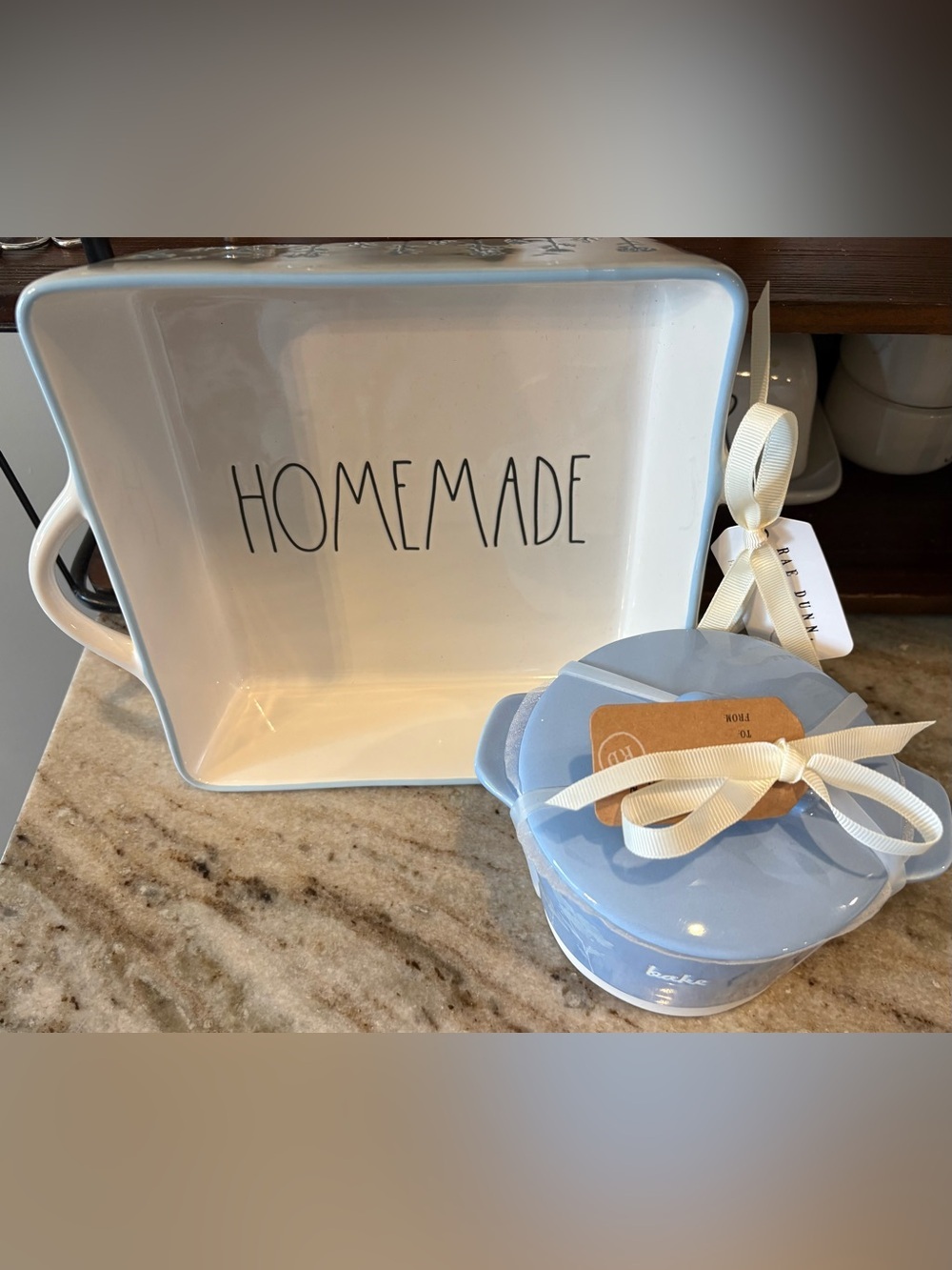 Rae Dunn White Ceramic HOMEMADE Baking Dish with Blue Lidded Jar